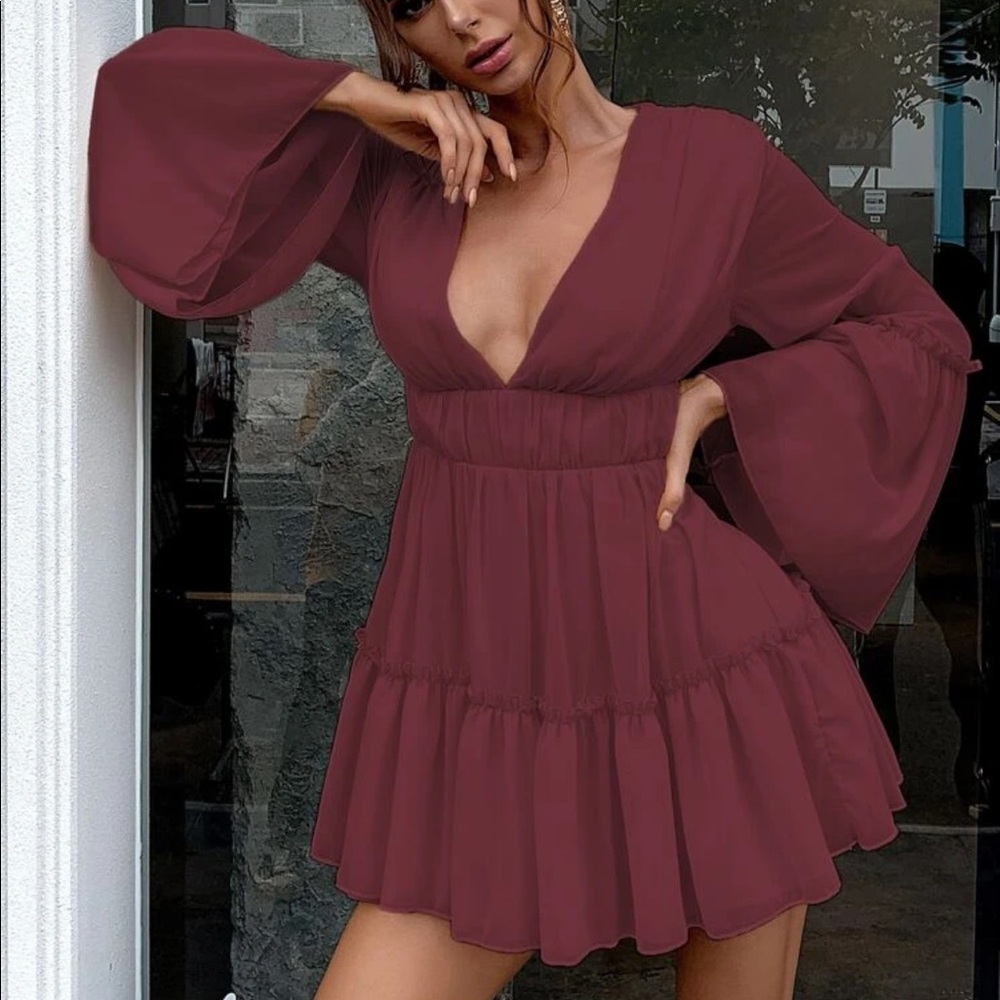 Bell Sleeve Tiered Ruffle Dress -Maroon